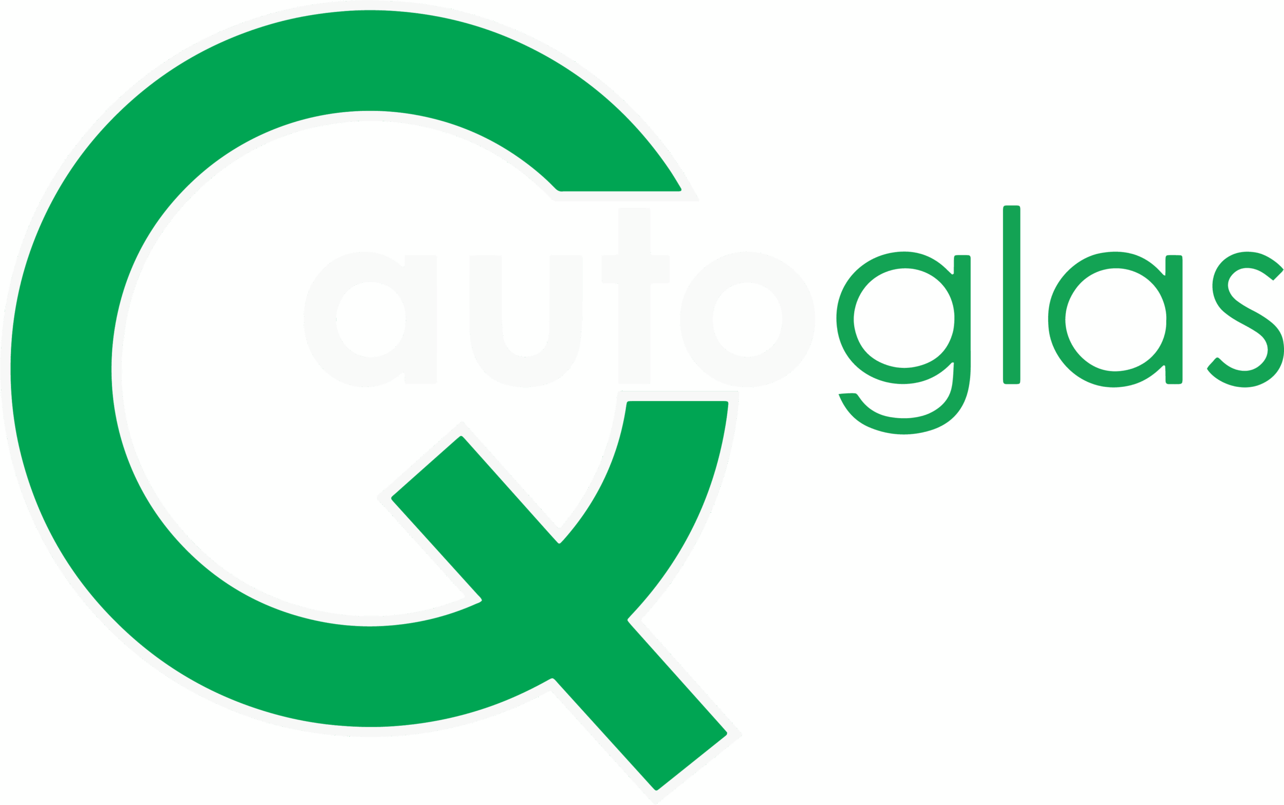 Hoofdletter Q in het groen, autoglas in kleine letters uitgetypt